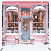 Lofaris Snowy Pink Blue House Winter Pillow Cover Backdrop